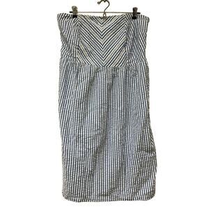 Seersucker Blue White Chevron Striped Strapless Smocked Mini Dress Size 2X Plus